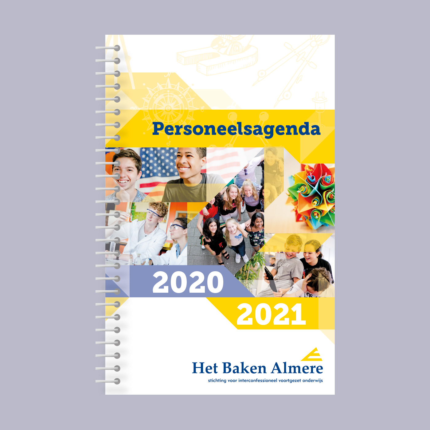 Ontwerp van het omslag voor de personeelsagenda 2020/2021 van Scholenstichting Het Baken Almere.